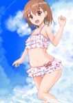  1girl 3535mb bikini bikini_bottom bikini_top brown_eyes brown_hair cloud eyebrows_visible_through_hair frilled_bikini frills looking_at_viewer misaka_mikoto open_mouth pink_bikini short_hair sky smile solo standing standing_on_one_leg swimsuit toaru_kagaku_no_railgun toaru_majutsu_no_index water 