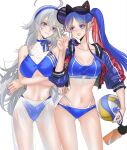  2girls ahoge anno88888 ball bangs bikini blue_bikini blue_eyes blue_hair blue_hairband bottle breasts closed_mouth crossed_arms eyebrows_visible_through_hair grey_hair hairband hat highres holding holding_ball holding_bottle index_finger_raised jacket kantai_collection large_breasts long_hair multicolored_hair multiple_girls official_alternate_costume open_clothes open_jacket open_mouth ponytail red_hair sarong see-through sidelocks simple_background south_dakota_(kancolle) swimsuit underboob visor_cap washington_(kancolle) water_bottle white_background white_hair 