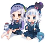  2girls :d absurdres animal backpack bag bangs barefoot beret black_hairband black_shorts bloop_(gawr_gura) blue_eyes blue_hair blue_headwear blue_serafuku blue_shirt blue_skirt blush brown_eyes commentary_request feet fish_tail fox gawr_gura hair_ornament hairband hat highres holding_strap hololive hololive_english huge_filesize long_sleeves multicolored_hair multiple_girls murasaki_shion noi_mine open_mouth pleated_skirt puffy_long_sleeves puffy_sleeves sailor_collar shark shark_tail sharp_teeth shirt short_shorts shorts shorts_under_skirt skirt sleeves_past_wrists smile soles streaked_hair tail teeth toes two_side_up virtual_youtuber wavy_mouth white_hair white_sailor_collar younger 