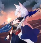  1girl absurdres animal_ear_fluff animal_ears artist_name azur_lane blue_eyes blue_skirt breasts cleavage coat fennox flight_deck fox_ears from_side highres kaga_(azur_lane) large_breasts looking_at_viewer magic metal_belt night night_sky nose open_clothes open_coat sakuramon short_hair skirt sky solo sunset water white_coat white_hair 