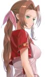  1girl aerith_gainsborough bow braid breasts brown_hair chil0107 closed_mouth cropped_jacket dress final_fantasy final_fantasy_vii green_eyes hair_ribbon highres jacket long_hair pink_bow pink_dress ponytail ribbon simple_background solo 