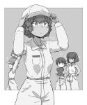  4girls =3 ? absurdres adjusting_clothes adjusting_headwear arms_up bangs baseball_cap bob_cut clipboard closed_eyes closed_mouth clothes_around_waist commentary dark-skinned_female dark_skin eighth_note freckles frown girls_und_panzer gloves greyscale hat highres holding holding_clipboard hoshino_(girls_und_panzer) jumpsuit long_sleeves looking_at_viewer mechanic monochrome multiple_girls musical_note nakajima_(girls_und_panzer) notice_lines open_mouth outside_border pointing renshiu short_hair smile snort standing suzuki_(girls_und_panzer) sweatdrop tank_top tsuchiya_(girls_und_panzer) uniform 