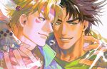  2boys artist_name battle_tendency blonde_hair blue_eyes brown_hair bubble caesar_anthonio_zeppeli commentary_request electricity error facial_mark feather_hair_ornament feathers fingerless_gloves gloves green_eyes green_scarf hair_ornament hand_up headband highres jojo_no_kimyou_na_bouken joseph_joestar joseph_joestar_(young) looking_to_the_side male_focus multiple_boys nashi_y pink_scarf redrawn scarf short_hair thai_commentary twitter_username 