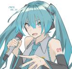  1girl bangs black_sleeves blue_eyes blue_hair blue_nails blue_neckwear collared_shirt commentary dated detached_sleeves grey_shirt hair_between_eyes hands_up hatsune_miku highres holding holding_microphone irenji long_hair looking_at_viewer lower_teeth microphone necktie open_mouth shirt simple_background sleeveless sleeveless_shirt solo twintails upper_body v-shaped_eyebrows vocaloid white_background 