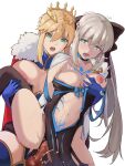  2girls absurdres aqua_eyes areola_slip areolae artoria_pendragon_(fate) artoria_pendragon_(lancer)_(fate) black_bow black_dress black_panties blonde_hair blue_choker blue_gloves bow braid breast_grab breasts breasts_outside cape choker clothing_aside collarbone commentary cowboy_shot crown dress english_commentary eyebrows_visible_through_hair fate/grand_order fate_(series) french_braid fur-trimmed_cape fur_trim futa_with_female futanari gloves grabbing green_eyes hair_between_eyes hair_bow highres incest large_breasts leg_lift light_blush long_hair medium_breasts moaning morgan_le_fay_(fate) motion_blur multiple_girls navel nipples open_mouth panties panties_aside pelvic_curtain pelvic_curtain_aside penis puffy_nipples red_cape sex siblings simple_background sisters spread_legs stomach_tattoo sweat sweatdrop tattoo testicles thighhighs thighs todding trembling uncensored underwear vaginal very_long_hair white_background 