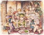  aisha_(saga) albert_(romancing_saga) barbara_(romancing_saga) blonde_hair breasts brown_hair chair claudia_(saga) dated food gray_(saga) green_eyes hat hawke_(romancing_saga) highres jamil_(romancing_saga) long_hair mai_(tsupiem) meat medium_breasts multiple_boys multiple_girls open_mouth romancing_saga romancing_saga_minstrel_song saga short_hair sif_(romancing_saga) smile table 