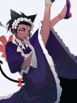  1boy alternate_costume black_hair bow bowtie commentary_request crossdressing dark-skinned_male dark_skin dress enmaided frills green_eyes half-closed_eyes highres hironegaika maid maid_headdress male_focus open_mouth pokemon pokemon_(game) pokemon_swsh purple_dress purple_footwear raihan_(pokemon) red_ribbon ribbon shoes short_sleeves solo teeth tongue white_bow white_neckwear 