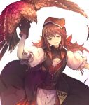  1girl :d animal_on_arm bird bird_on_arm brown_hair character_name commentary_request dress falcon falcon_(girls&#039;_frontline) falconry girls&#039;_frontline gloves hair_ribbon head_scarf head_tilt long_hair looking_at_viewer open_mouth puffy_sleeves red_headwear ribbon short_sleeves smile solo suginakara_(user_ehfp8355) twintails white_background 