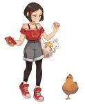  1girl absurdres animal bag bird black_hair black_legwear bunny chicken copyright_request grey_shorts hair_ornament hands_up highres holding holding_phone legwear_under_shorts off-shoulder_shirt off_shoulder phone red_footwear red_shirt shirt shirt_tucked_in shoes short_hair short_sleeves shorts shoulder_bag simple_background smile solo sui_(suizilla) white_background 