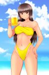  1girl alcohol bandeau beer beer_mug bikini black_eyes black_hair blue_sky breasts closed_mouth cloud cloudy_sky commentary cowboy_shot cup day eyebrows_visible_through_hair girls_und_panzer hand_on_hip highleg highleg_bikini holding holding_cup horizon large_breasts light_frown long_hair looking_at_viewer mug navel nishizumi_shiho ocean outdoors sky solo standing straight_hair strapless strapless_bikini swimsuit tanaka_rikimaru textless yellow_bikini 