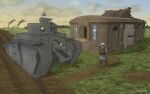  2boys absurdres bunker caterpillar_tracks cloud commentary copyright_request emblem english_commentary evening glass goggles ground_vehicle highres huge_filesize maginot31 military military_vehicle motor_vehicle multiple_boys sky smoke tank twitter_username 