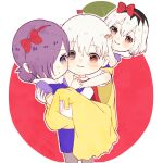  1boy 2girls :o absurdres alternate_costume apple bangs black_hair blue_shirt blush bow brown_eyes cape carrying chibi dress family father_and_daughter feet_out_of_frame food fruit hair_bow heterochromia highres husband_and_wife kaneki_ichika kaneki_ken kirishima_touka mother_and_daughter multicolored_hair multiple_girls princess_carry puffy_short_sleeves puffy_sleeves purple_hair purple_shirt red_bow red_cape red_eyes shirt short_hair short_sleeves smile standing tokyo_ghoul tokyo_ghoul:re toukaairab two-tone_hair two-tone_shirt white_hair 