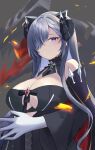  1girl absurdres august_von_parseval_(azur_lane) azur_lane bare_shoulders black_cape black_dress breasts cape cleavage_cutout clothing_cutout curled_horns dress from_above gloves highres horns large_breasts long_hair looking_at_viewer mechanical_dragon mechanical_horns purple_eyes purple_hair solo takeyonosato very_long_hair white_gloves 