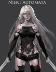  1girl absurdres android armlet bare_shoulders black_gloves black_legwear black_shorts black_tank_top breasts closed_mouth collarbone copyright_name dual_wielding elbow_gloves gloves grey_eyes hair_between_eyes highres holding holding_sword holding_weapon joints long_hair mole mole_under_mouth nier_(series) nier_automata petitmoca robot_joints shorts simple_background solo sword tank_top weapon white_hair yorha_type_a_no._2 