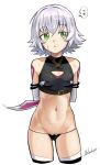  1girl absurdres arms_behind_back bare_shoulders black_legwear black_panties breasts cleavage_cutout clothing_cutout covered_nipples fate/apocrypha fate/grand_order fate_(series) green_eyes grey_hair highres jack_the_ripper_(fate/apocrypha) looking_at_viewer mr.thunderigor navel panties scar scar_across_eye signature simple_background small_breasts solo standing thighhighs underwear white_background 