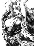  1girl apoloniodraws arms_up bleach breasts greyscale highres japanese_clothes long_hair looking_at_viewer matsumoto_rangiku monochrome solo staring 