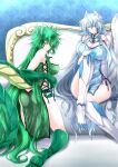  2girls bangs blue_dress blue_hair breasts claws cleavage closed_mouth couch dragon_girl dragon_horns dragon_tail dress g_(genesis1556) green_dress green_eyes green_hair hand_on_own_knee heterochromia highres horns huge_breasts karutia_(g_(genesis1556)) kneeling long_hair looking_at_viewer looking_back lutian_(g_(genesis1556)) monster_girl multicolored_hair multiple_girls no_panties on_couch original red_eyes sideless_outfit sitting smile streaked_hair tail two-tone_hair white_hair yellow_eyes 