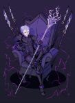  1boy absurdres apoloniodraws armor chair crossed_legs electricity highres holding holding_staff holding_weapon male_focus original polearm purple_eyes purple_theme smile solo spear staff weapon white_hair 