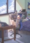  1girl absurdres bangs barefoot bed bedroom bloop_(gawr_gura) box chair cloud computer drawing_tablet flower flowerpot gen_2_pokemon highres hollow_knight hololive hololive_english hood hoodie long_hair multicolored_hair ninomae_ina&#039;nis nintendo_switch office_chair pichu plant pointy_ears pokemon portrait_(object) potted_plant pugo purple_flower purple_hair sky stretch tako_(ninomae_ina&#039;nis) tissue_box virtual_youtuber window 