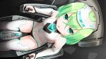  1girl bangs bodysuit breasts chair cockpit commentary_request controller crossed_bangs detached_sleeves eyebrows_visible_through_hair green_eyes green_hair haribote joystick long_hair looking_at_viewer looking_up open_mouth original sitting small_breasts solo thighhighs thighs white_bodysuit white_headwear white_legwear 