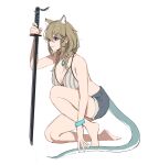  1girl animal_ears arknights bare_legs barefoot bikini blue_shorts braid breasts cleavage commentary extra_ears full_body grey_bikini grin hair_between_eyes hair_ornament hairclip highres holding holding_sword holding_weapon jason_kim jewelry katana kneeling large_breasts light_brown_hair medium_hair necklace official_alternate_costume one_knee pendant purple_eyes short_shorts shorts simple_background slit_pupils smile solo striped swimsuit sword tail twin_braids utage_(arknights) utage_(summer_flowers)_(arknights) vertical-striped_bikini vertical_stripes weapon white_background wristband x_hair_ornament 