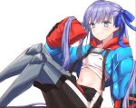  1girl absurdres bangs black_pants blue_eyes blue_jacket blue_ribbon blush breasts cropped_jacket fate/extra fate/extra_ccc fate/grand_order fate_(series) hair_ribbon heroic_spirit_tour_outfit highres huge_filesize jacket kake_udon long_hair long_sleeves looking_at_viewer meltryllis_(fate) pants prosthesis prosthetic_leg purple_hair ribbon sitting sleeves_past_fingers sleeves_past_wrists small_breasts smile solo very_long_hair 
