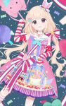  1girl animal_bag arm_ribbon bag blonde_hair blush bow bunny_bag candy_hair_ornament candy_print cowboy_shot dress dutch_angle food-themed_hair_ornament futaba_anzu hair_bow hair_ornament highres holding holding_bag idolmaster idolmaster_cinderella_girls idolmaster_cinderella_girls_starlight_stage light_smile looking_at_viewer name_tag neck_ribbon print_dress red_ribbon ribbon sash sleeveless sleeveless_dress solo tsuchi_(sh_spica1) twintails 