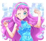  1girl blue_dress blue_eyes blue_hairband breasts dress floating_hair grin hairband hanzou highres holding laura_(precure) long_hair medium_breasts one_eye_closed pink_hair precure shiny shiny_hair sleeveless sleeveless_dress smile solo tropical-rouge!_precure upper_body very_long_hair 