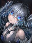  1girl bangs blue_eyes breasts choker crying crying_with_eyes_open eyebrows_visible_through_hair grey_hair highres kajaneko long_hair looking_at_viewer open_clothes original sleeveless small_breasts solo streaming_tears tears twintails upper_body 