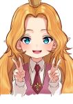  1girl ashford_academy_uniform blonde_hair blue_eyes charlotta_(granblue_fantasy) code_geass cosplay crown double_v granblue_fantasy long_hair looking_at_viewer nunnally_lamperouge nyantiu open_mouth pointy_ears school_uniform simple_background smile solo v very_long_hair white_background 