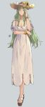  1girl alternate_costume bow breasts cleavage closed_mouth commentary dress english_commentary eyebrows_visible_through_hair fire_emblem fire_emblem:_three_houses flower forehead full_body green_eyes green_hair grey_background hand_in_hair hand_on_own_head hat hat_bow hat_flower highres jewelry lips long_hair looking_at_viewer medium_breasts puffy_sleeves rhea_(fire_emblem) sakuremi sandals signature simple_background smile solo straw_hat sun_hat sunflower white_bow white_dress 