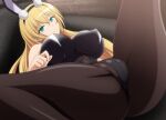  1girl animal_ears aqua_eyes ass azur_lane blonde_hair breasts couch eyebrows_visible_through_hair fake_animal_ears hair_between_eyes highleg highleg_leotard highres large_breasts leotard long_hair looking_at_viewer lying makiri_akira north_carolina_(azur_lane) north_carolina_(the_heart&#039;s_desire)_(azur_lane) official_alternate_costume on_back on_couch pantyhose playboy_bunny rabbit_ears solo spread_legs thighs 
