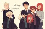  2girls 5boys albus_severus_potter amazou black_hair black_robe blonde_hair brown_hair father_and_daughter father_and_son ginny_weasley glasses gryffindor harry_james_potter harry_potter harry_potter:_the_cursed_child highres hogwarts_school_uniform james_sirius_potter lily_luna_potter long_hair mother_and_daughter mother_and_son multiple_boys multiple_girls necktie older ponytail red_hair scar scar_on_forehead school_uniform scorpius_malfoy short_hair slytherin smile striped striped_neckwear vest 