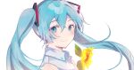  1girl absurdres bangs bare_shoulders blue_eyes blue_hair closed_mouth collared_shirt commentary eyebrows_visible_through_hair flower hair_between_eyes hatsune_miku heremia highres long_hair looking_at_viewer looking_to_the_side portrait shirt simple_background sleeveless sleeveless_shirt smile solo vocaloid white_background white_shirt yellow_flower 