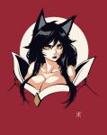  absurdres ahri animal_ears apoloniodraws black_hair breasts fox_ears highres league_of_legends looking_at_viewer moon red_background red_lips slit_pupils upper_body yellow_eyes 