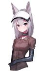 1girl absurdres animal_ears arknights beudelb black_collar black_gloves brown_shirt collar commentary cropped_torso elbow_gloves gloves grani_(arknights) grey_hair hair_between_eyes highres horse_ears infection_monitor_(arknights) korean_commentary long_hair looking_at_viewer purple_eyes shirt simple_background solo upper_body visor visor_lift white_background 