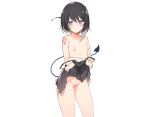  aqua_eyes black_hair censored dress flat_chest no_bra original otokuyou pussy short_hair sketch skirt_lift tail tattoo white 