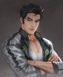  1boy artist_name black_eyes black_hair closed_mouth crossed_arms forked_eyebrows genji_(overwatch) grey_jacket jacket looking_at_viewer male_cleavage male_focus muscular muscular_male open_clothes open_jacket overwatch pectorals shirt short_hair solo thick_thighs thighs upper_body white_shirt zeilyanart 