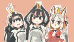  :3 african_penguin_(kemono_friends) animal_ears bare_shoulders black_gloves black_hair black_shirt black_sweater blush collared_shirt commentary_request drink elbow_gloves fox_ears fox_girl fur_trim glass_on_head gloves grey_gloves grey_hair hasu_(zatsugami) headphones high_collar highres humboldt_penguin_(kemono_friends) island_fox_(kemono_friends) jacket kemono_friends long_hair long_sleeves microphone multicolored_hair necktie official_alternate_costume orange_hair orange_jacket penguin_girl pink_hair shirt short_hair sleeveless sweater triangle_mouth twintails two-tone_hair two-tone_sweater virtual_youtuber white_hair white_neckwear white_sweater 