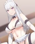  1girl ak-12_(girls&#039;_frontline) bangs bare_shoulders bikini blurry blurry_background blush breasts cleavage close-up collarbone detached_collar elbow_gloves frills girl_on_top girls&#039;_frontline gloves kageshio_(276006) large_breasts long_hair maid_headdress microskirt navel purple_eyes sidelocks silver_hair skirt smile swimsuit thighhighs thighs white_bikini white_gloves white_legwear 