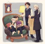  4boys albus_severus_potter amazou barefoot bird black_hair blanket blonde_hair closed_eyes couch draco_malfoy father_and_son glasses harry_james_potter harry_potter harry_potter:_the_cursed_child hedwig highres long_coat long_hair lying_on_person multiple_boys necktie older owl ponytail scar scar_on_forehead scorpius_malfoy short_hair sitting sleeping smile 
