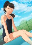  1girl arm_support bangs black_eyes black_hair black_hairband blunt_bangs cloud collarbone dutch_angle fence flat_chest foliage hairband high_ponytail highres leaning_forward light_smile looking_at_viewer original partially_submerged poolside school_swimsuit shinchou_ni_kansuru_kousatsu sitting sky solo swimsuit swimsuit_tug 