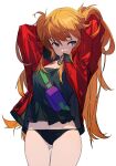 1girl absurdres arms_behind_head bag bangs bare_legs black_shirt blue_eyes blush breasts cleavage closed_mouth collarbone collared_shirt grandia_lee hair_tie hair_tie_in_mouth highres jacket light_blush long_hair looking_at_viewer medium_breasts mouth_hold neon_genesis_evangelion open_clothes orange_hair red_jacket shirt simple_background solo souryuu_asuka_langley standing underwear white_background 