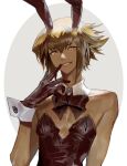  1boy alternate_costume animal_ears bangs bare_shoulders bow bowtie brown_hair cocaduel crossdressing detached_collar finger_to_mouth hair_between_eyes highres leotard light_brown_hair male_focus male_playboy_bunny multicolored_hair rabbit_ears short_hair sidelocks skinny smug solo strapless strapless_leotard supreme_king_(yu-gi-oh!_gx) two-tone_hair upper_body wrist_cuffs yellow_eyes yu-gi-oh! yu-gi-oh!_gx yuuki_juudai 