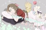  1girl aerith_gainsborough bow braid brown_hair chocobo cropped_jacket dress final_fantasy final_fantasy_vii green_eyes hair_ribbon jacket jewelry kobayashi_chizuru long_hair moogle pink_bow pink_dress ribbon 