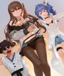  &gt;_&lt; 1boy 2girls :d absurdres black_panties blue_hair breasts brown_hair choi_bounge cleavage commentary_request crossover dokomon dutch_angle fang girls&#039;_frontline hair_ornament hat highres k11_(girls&#039;_frontline) k2_(girls&#039;_frontline) korean_commentary large_breasts long_hair looking_at_viewer messy_hair multiple_girls nationality_connection navel one_side_up open_mouth panties panties_under_pantyhose pantyhose shorts side_ponytail skin_fang smile sunglasses the_king_of_fighters tongue underwear 