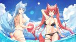  2girls :d absurdres animal_ear_fluff animal_ears arm_up ass back ball bangs bare_arms bare_shoulders beachball bikini black_bikini blue_eyes blue_hair blue_sky blush breasts brown_eyes cleavage cloud commentary cowboy_shot day eyebrows_visible_through_hair fox_ears fox_girl fox_tail hair_between_eyes halter_top halterneck hand_in_hair highres holding holding_ball holding_beachball large_breasts lillly long_hair looking_at_viewer looking_back multiple_girls navel open_mouth original red_hair side-tie_bikini sky smile stomach string_bikini sun swimsuit tail tail_raised thighhighs very_long_hair wading water wet white_bikini 