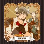  2boys animal_ears ascot barawa beard character_request cow_boy cow_ears cow_horns draph facial_hair glasses goatee granblue_fantasy grey_hair horns male_focus mature_male mirror mirror_image multiple_boys muscular muscular_male old old_man pectorals short_hair sleeves_rolled_up smile torihuhu upper_body 