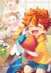  1boy 2girls absurdres blue_hair brown_eyes cake child food glasses happy_birthday headband highres hood hoodie kyan_reki looking_at_viewer male_focus messy_hair multiple_boys multiple_girls open_mouth orange_eyes red_hair shirt shorts sk8_the_infinity smile table uppi 