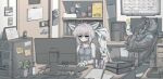  1girl 1other ahoge animal_ears arknights at_computer binder black_jacket blue_eyes brown_hair calendar_(object) chair clipboard commentary_request computer crossed_arms cup_ramen desk doctor_(arknights) energy_drink fox_ears fox_girl gloves highres hood hooded_jacket indoors jacket jb_ryshamr leaning_back monitor office office_chair on_chair oripathy_lesion_(arknights) plant potted_plant red_bull short_hair sleeveless sussurro_(arknights) typing working 